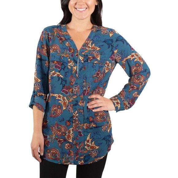 NY Collection Top Blue Floral Print Zip V Neck Roll Tab Sleeve - Picture 1 of 11